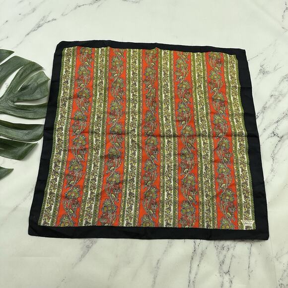 Liberty of London Vintage Silk Scarf Black Orange Paisley Floral Stripe Square
